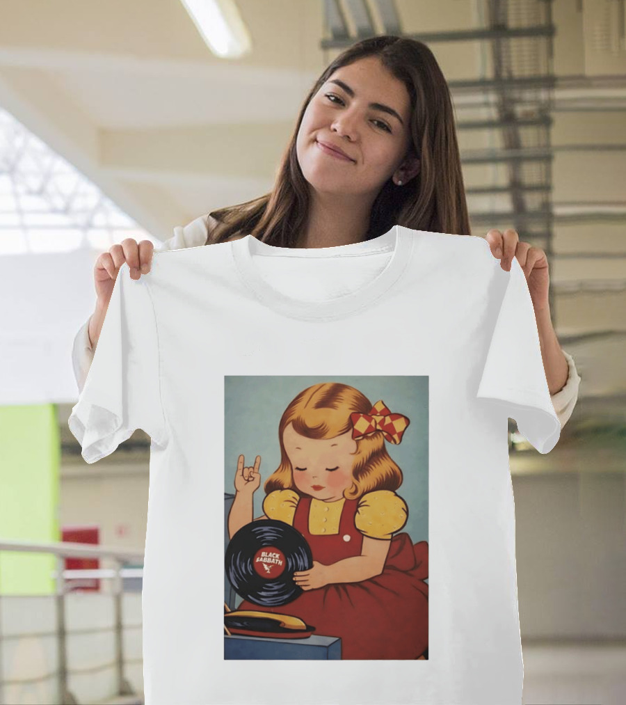 Girl Holding Black Sabbath Vinyl Heavy Metal T-Shirt