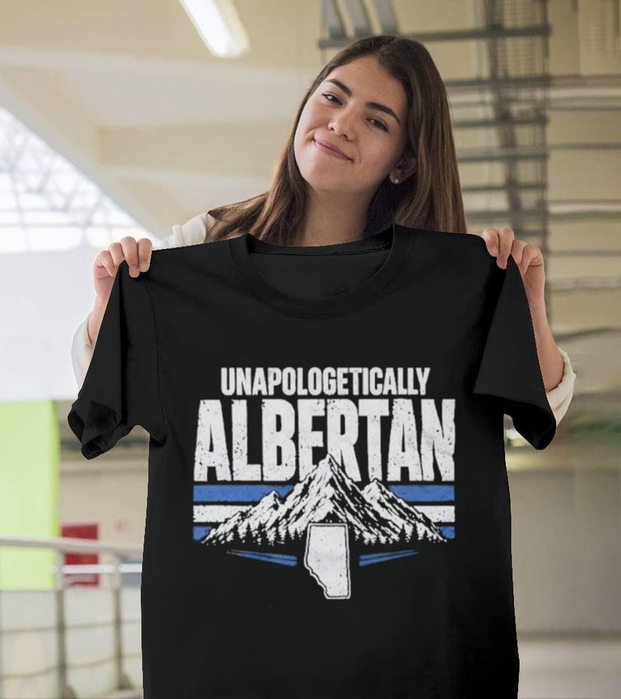 Unapologetically Albertan Alberta Map Mountains Stripes T-Shirt