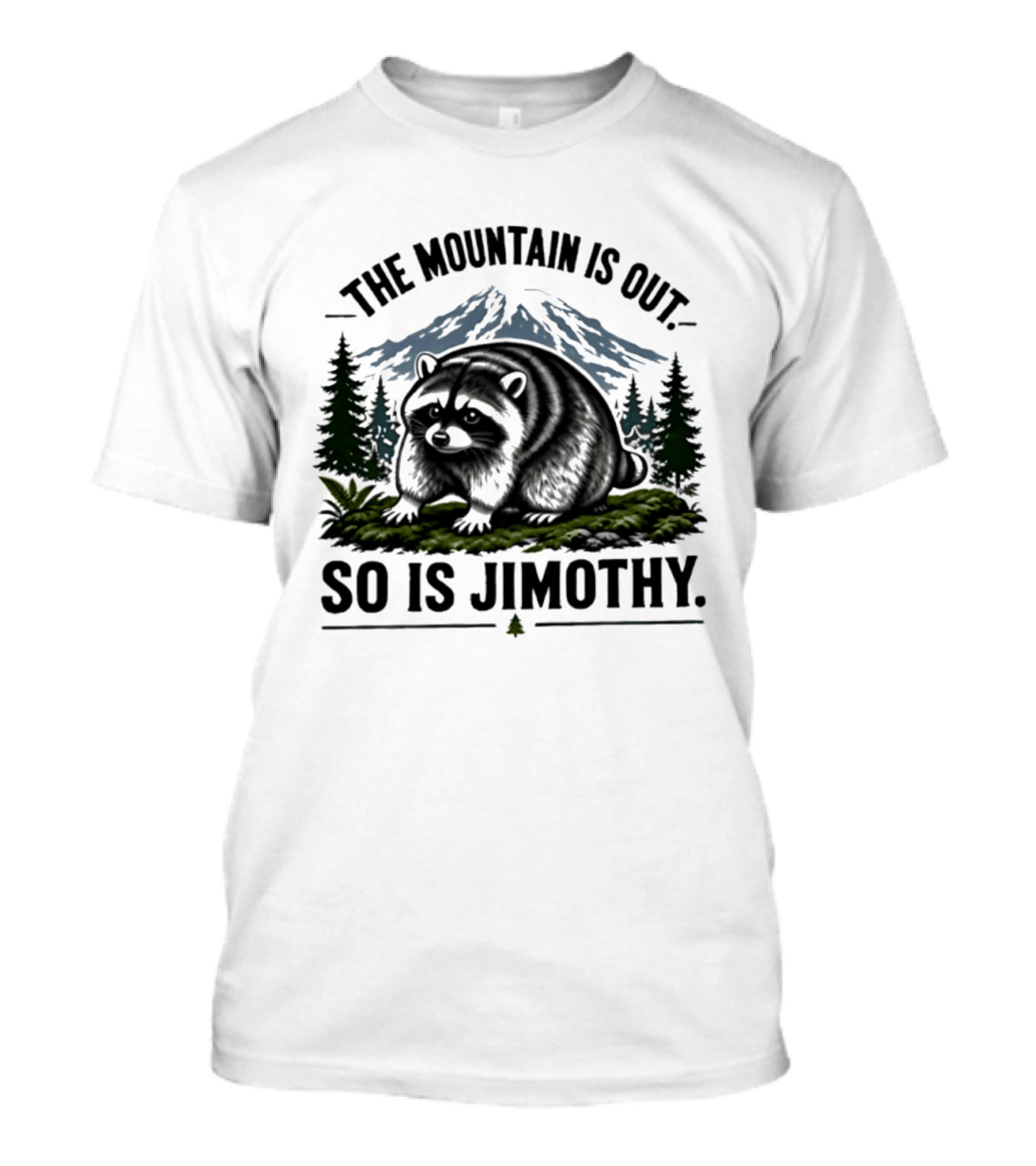 The Mountain Is Out So Is Jimothy Raccoon In Forest Landscape With Majestic Mountains T-Shirt