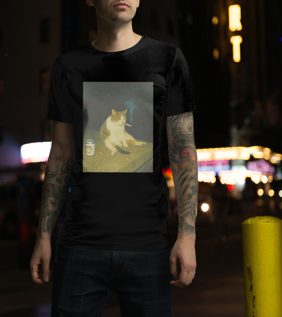 Depressed Cat Smoking Cigarette Meme With Beer Can T-Shirt