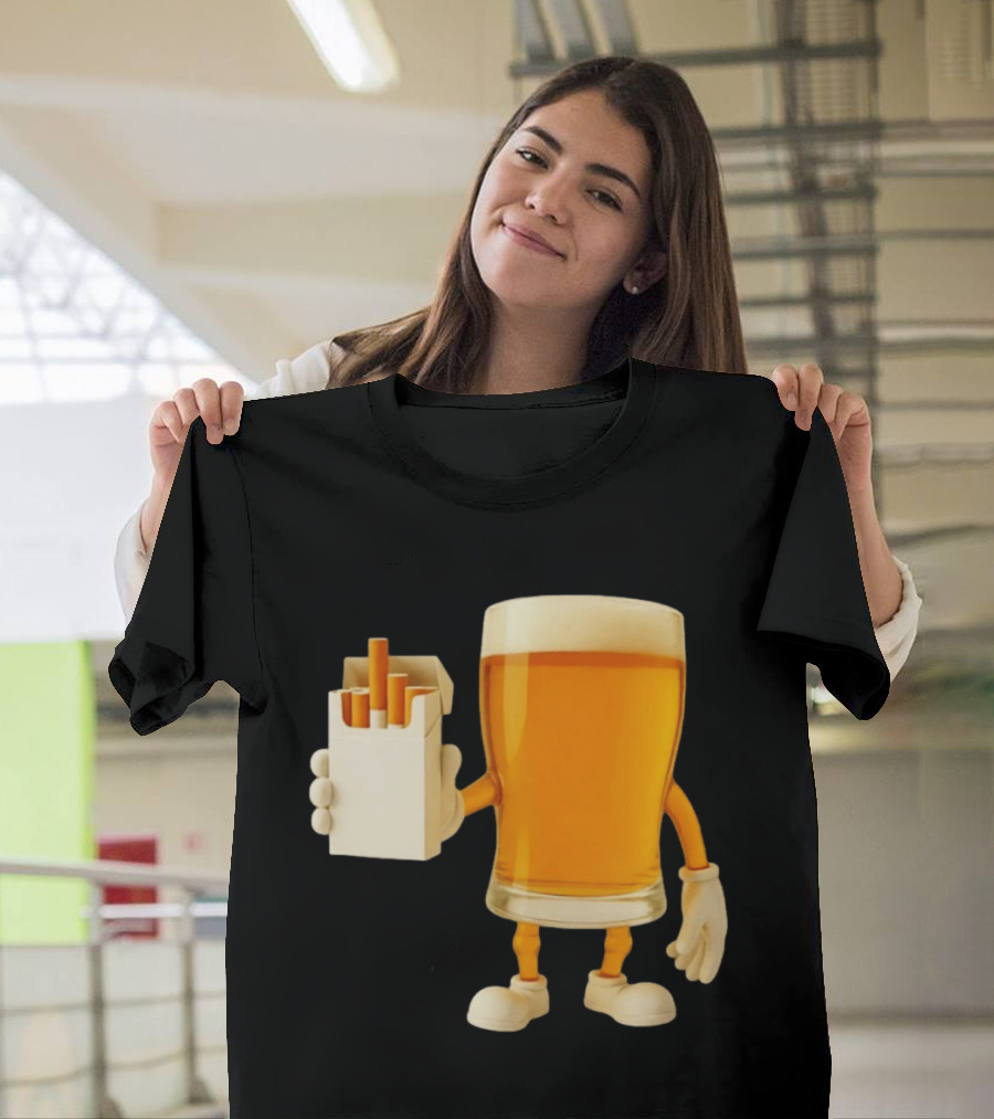 Beer Glass Holding Cigarettes Funny Drunk Cigs T-Shirt