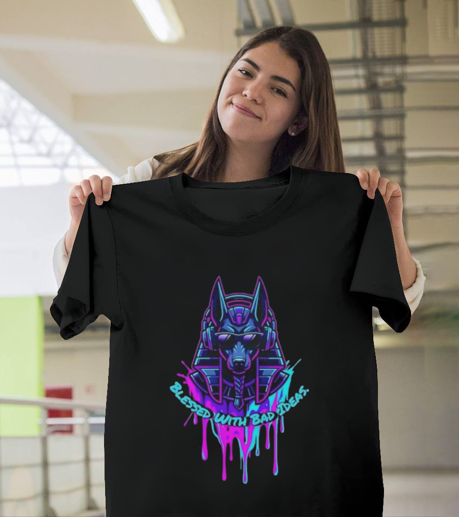 Blessed With Bad Ideas Anubis Headphones Neon Egyptian Mythology T-Shirt