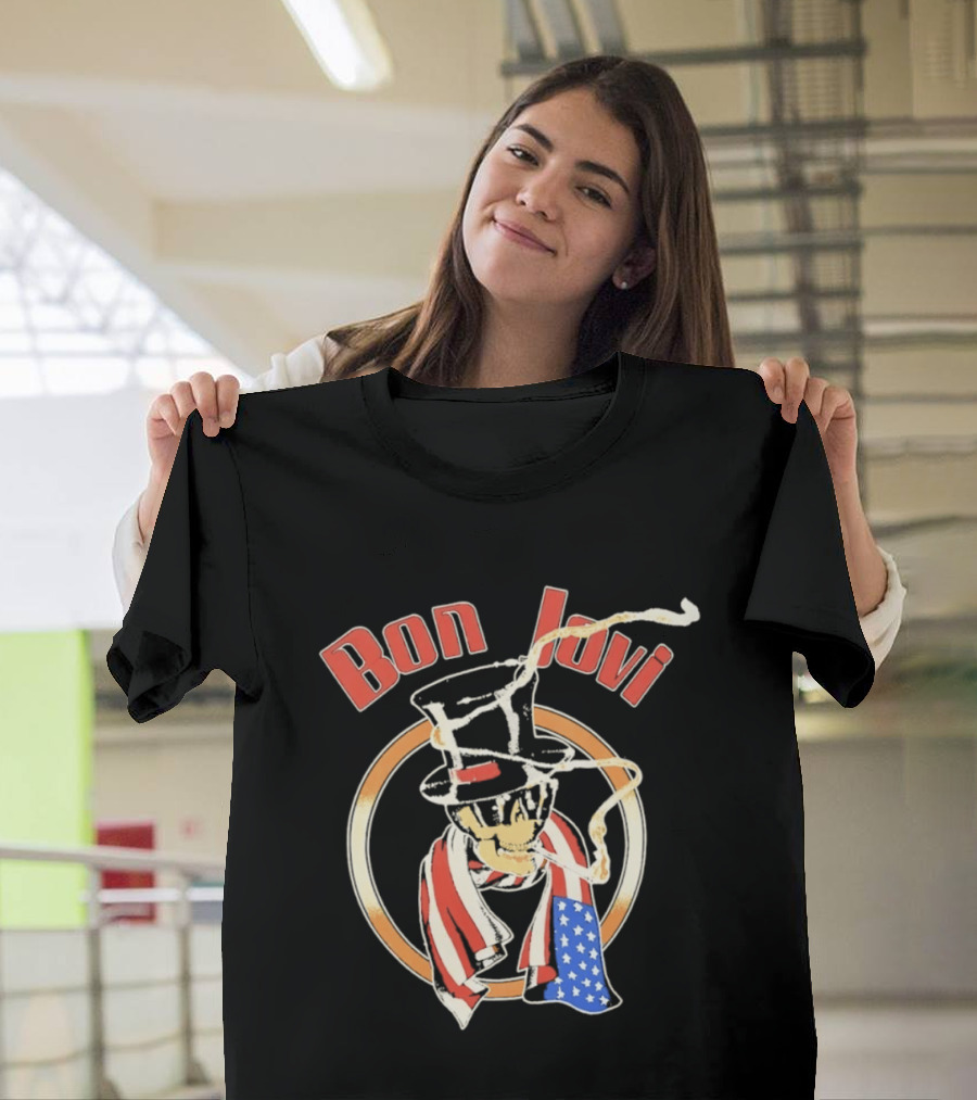 Bon Jovi American Skull With Patriotic Top Hat And Flag Scarf T-Shirt