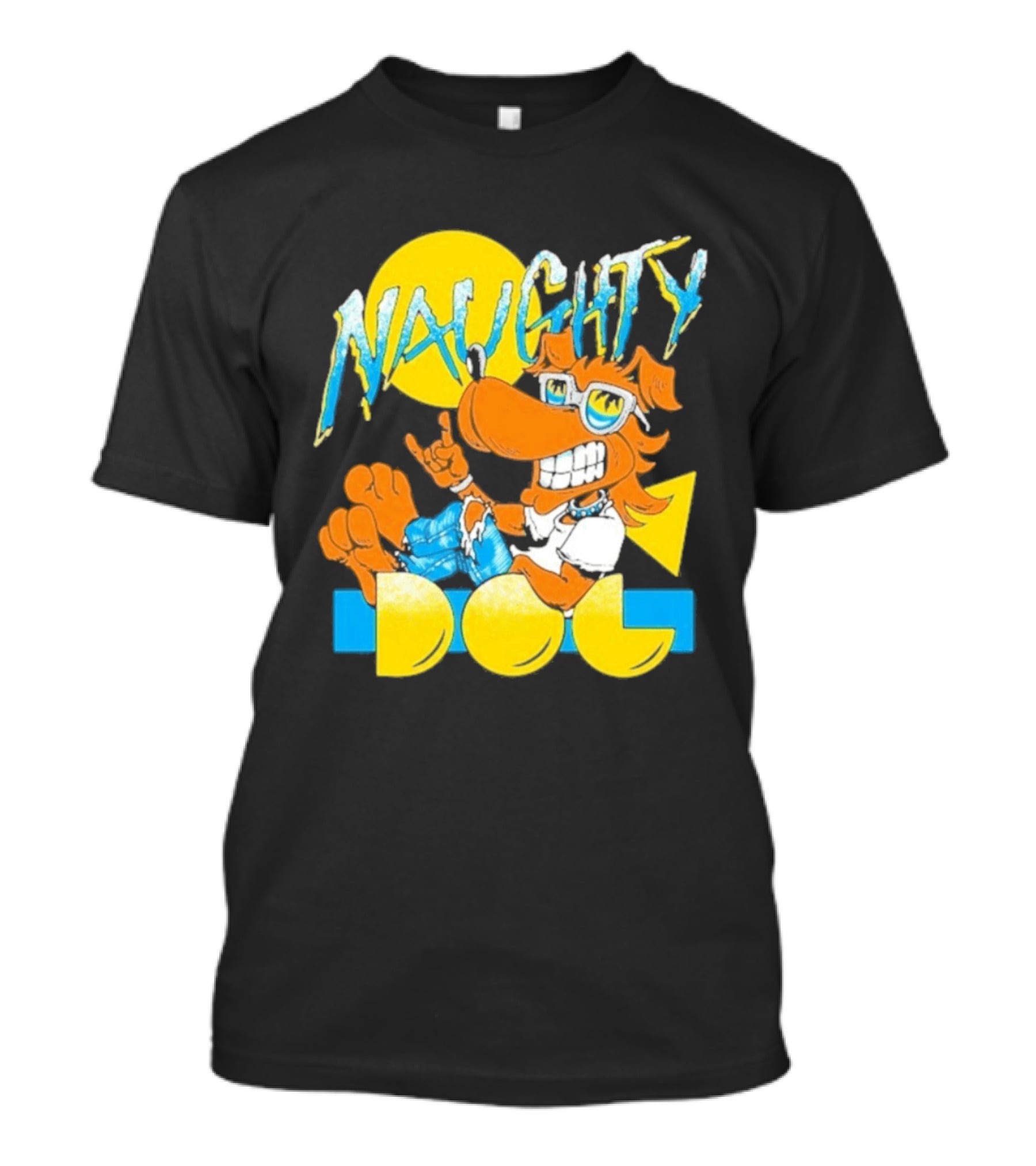 Naughty Dog Retro Cartoon Character With Sunglasses And Sunburst T-Shirt