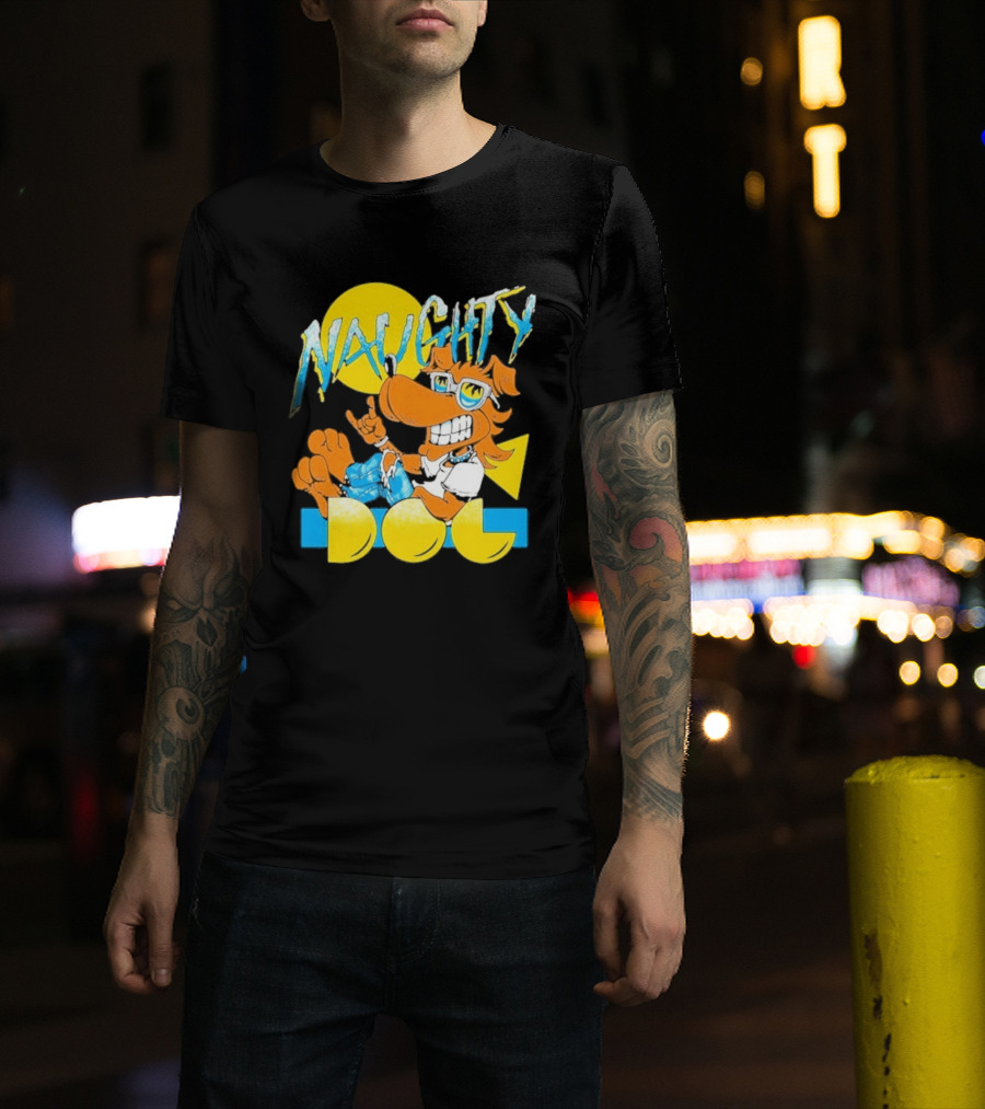 Naughty Dog Retro Cartoon Character With Sunglasses And Sunburst T-Shirt