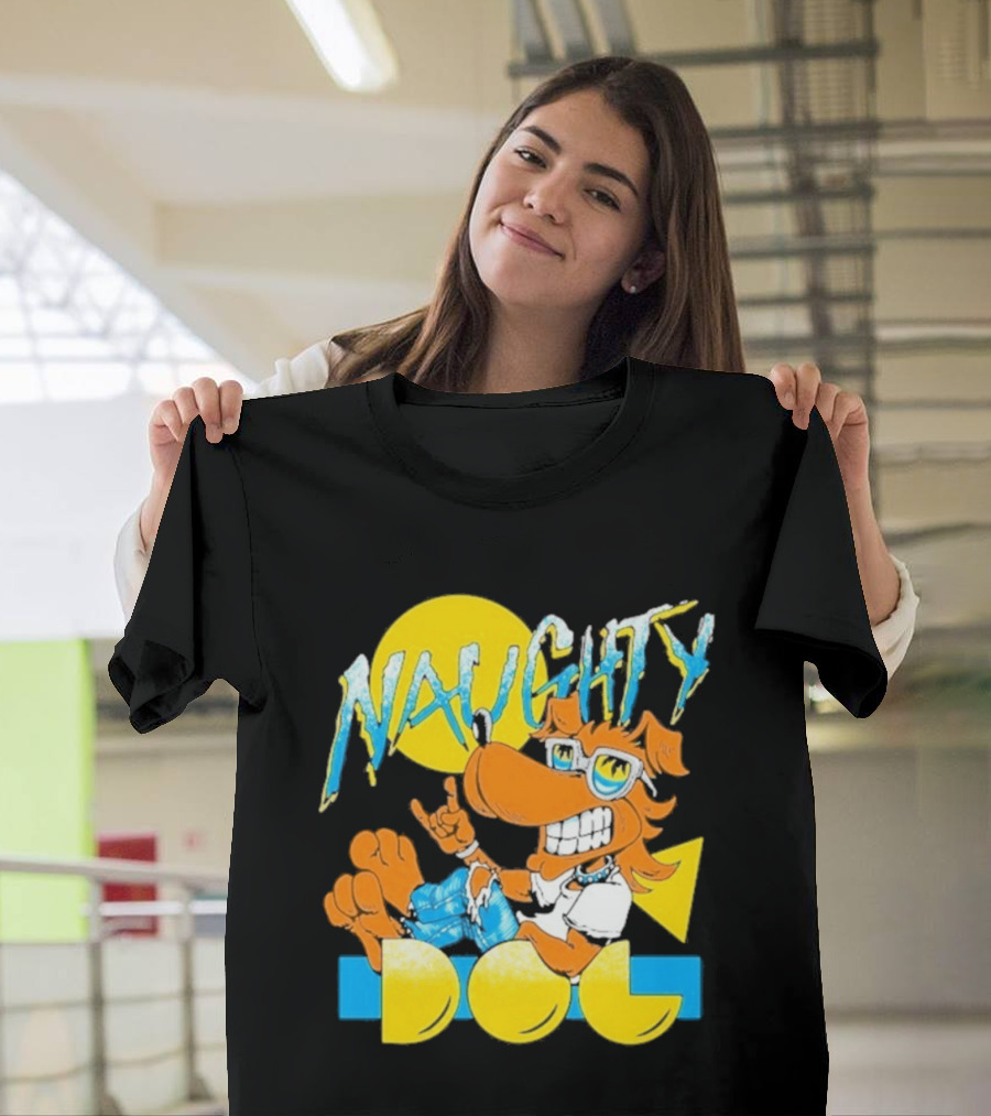Naughty Dog Retro Cartoon Character With Sunglasses And Sunburst T-Shirt