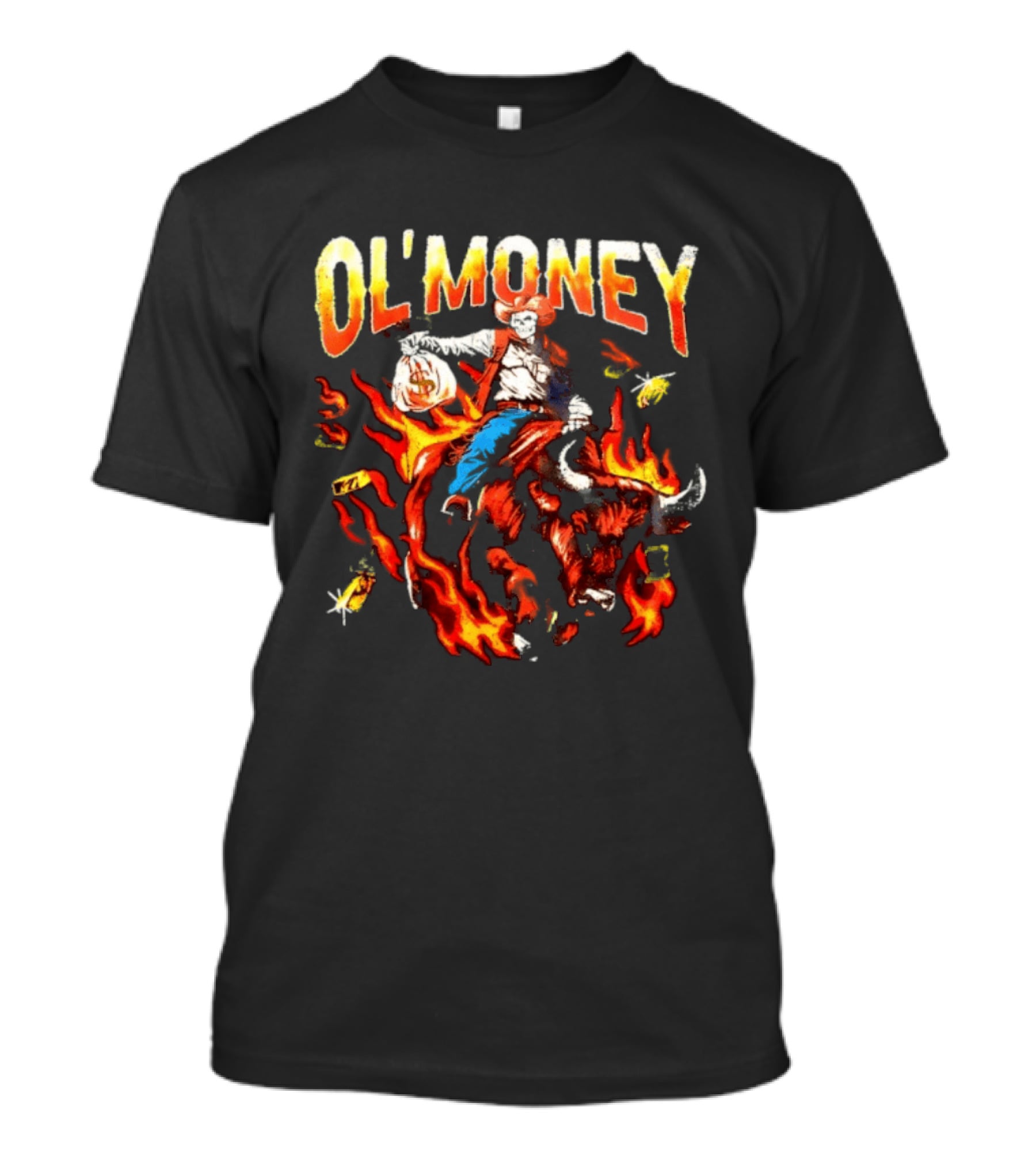 Ol' Money RSN Brand Skeleton Cowboy Riding Flaming Bull T-Shirt