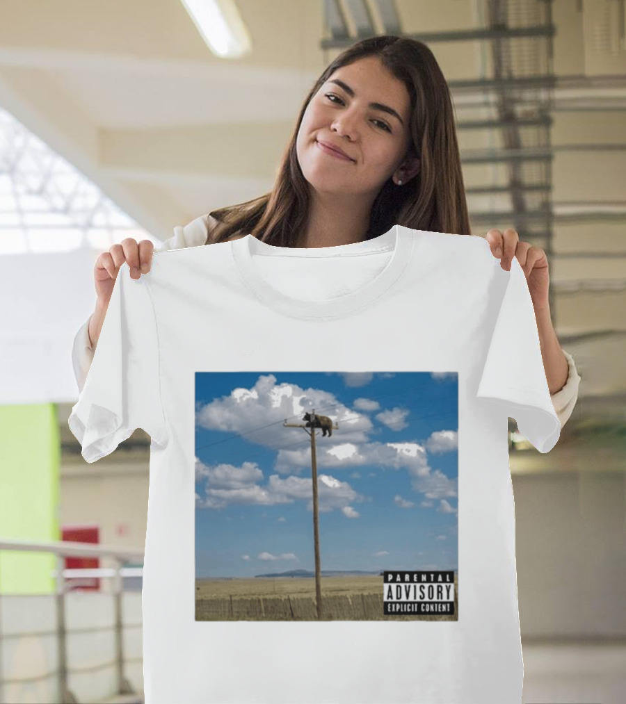 Bear On Top Of The Light Pole Parental Advisory Explicit Content Clouds Sky T-Shirt