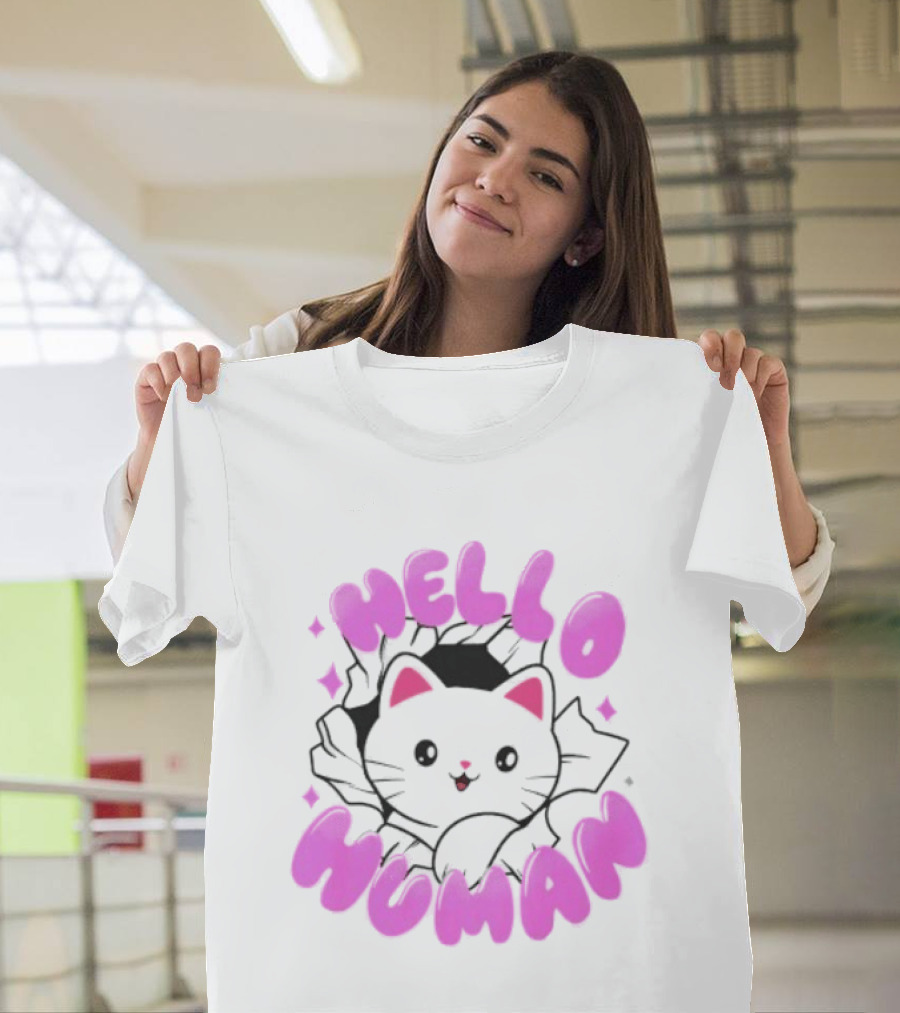 Hello Human Kawaii Cat Kitten Cute Pink T-Shirt