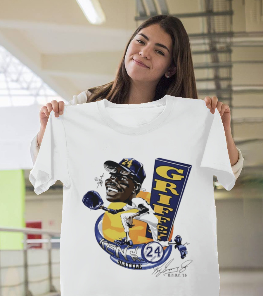 Ken Griffey Jr 24 Seattle Baseball Caricature Bruce Stark Signature T-Shirt