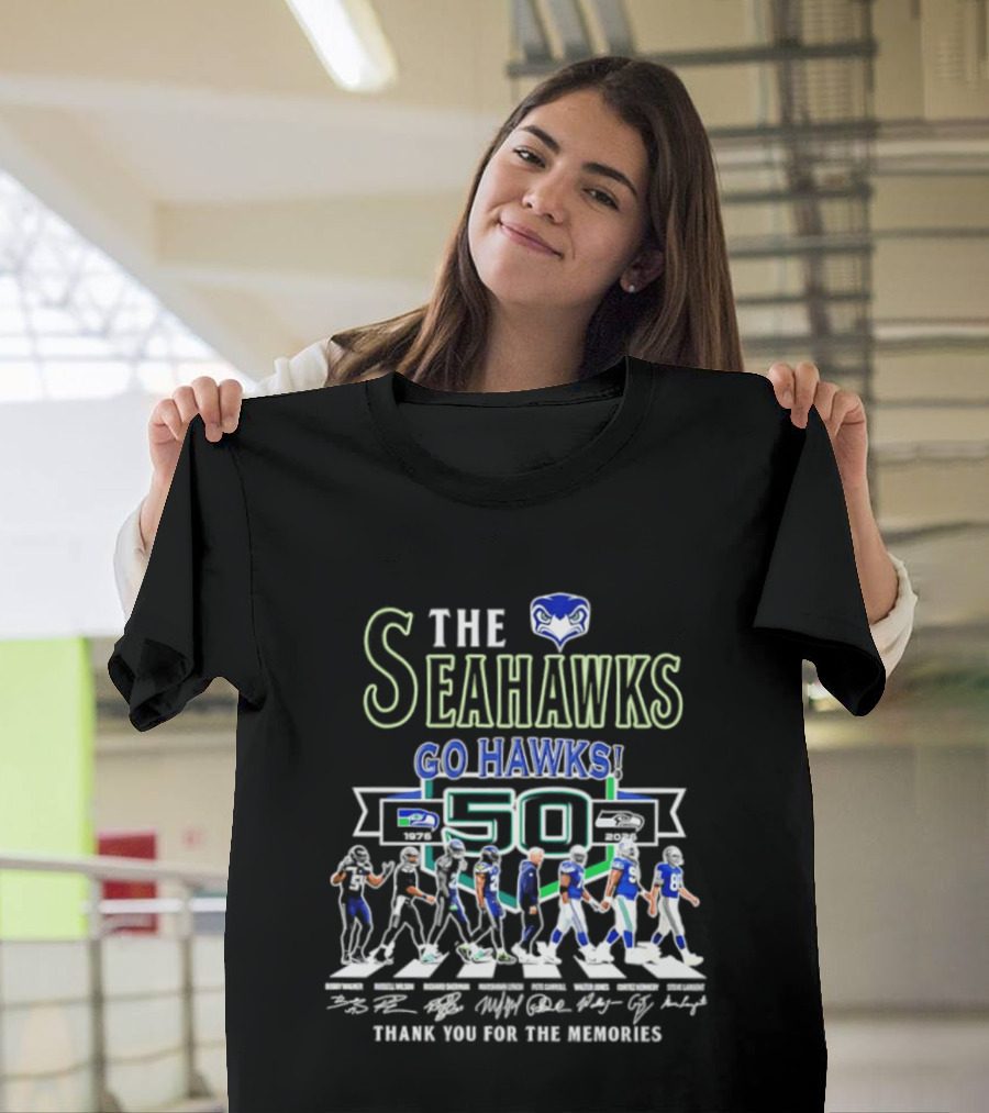 The Seahawks Go Hawks 50th Anniversary Thank You For The Memories 1976 2026 Signatures T-Shirt