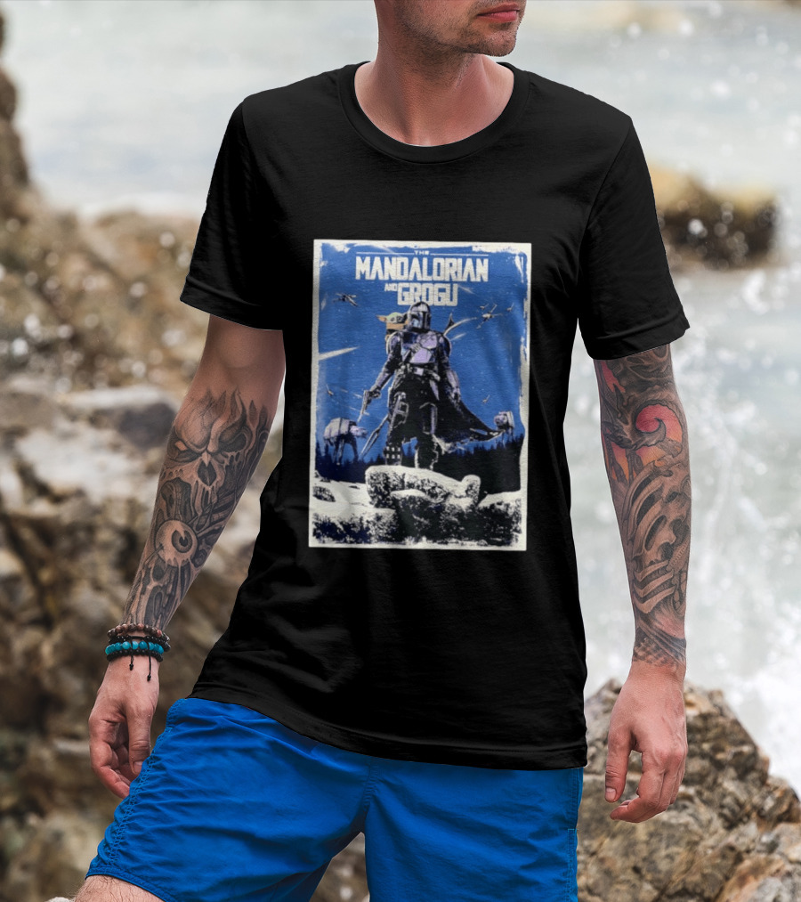 The Mandalorian And Grogu Star Wars Baby Yoda Scene With AT AT And X Wings T-Shirt