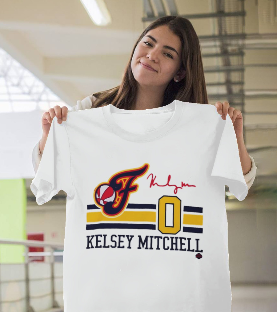 Kelsey Mitchell Indiana Fever No. 0 F Logo And Signature T-Shirt