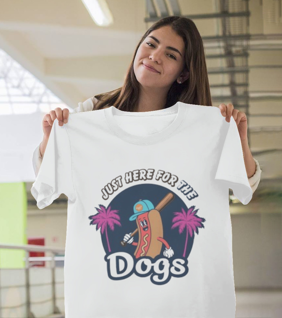 Just Here For The Dogs Cartoon Hot Dog Baseball Palm Trees T-Shirt