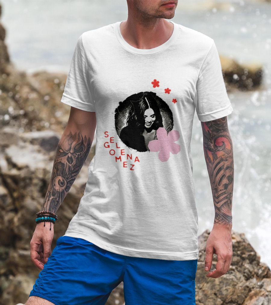 Selena Gomez Smile With Pink Paper Flower And Red T-Shirt