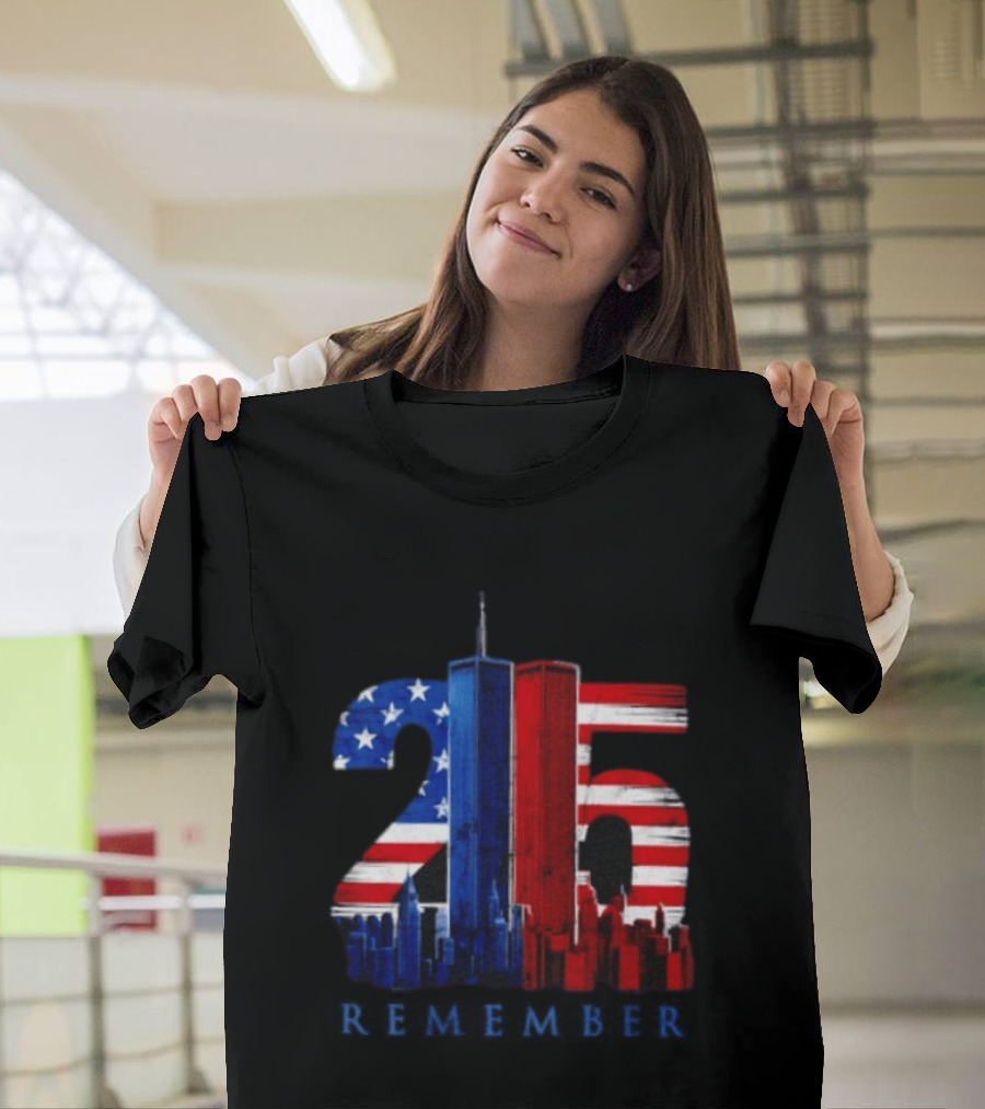 25th Anniversary Remember Twin Towers American Flag T-Shirt