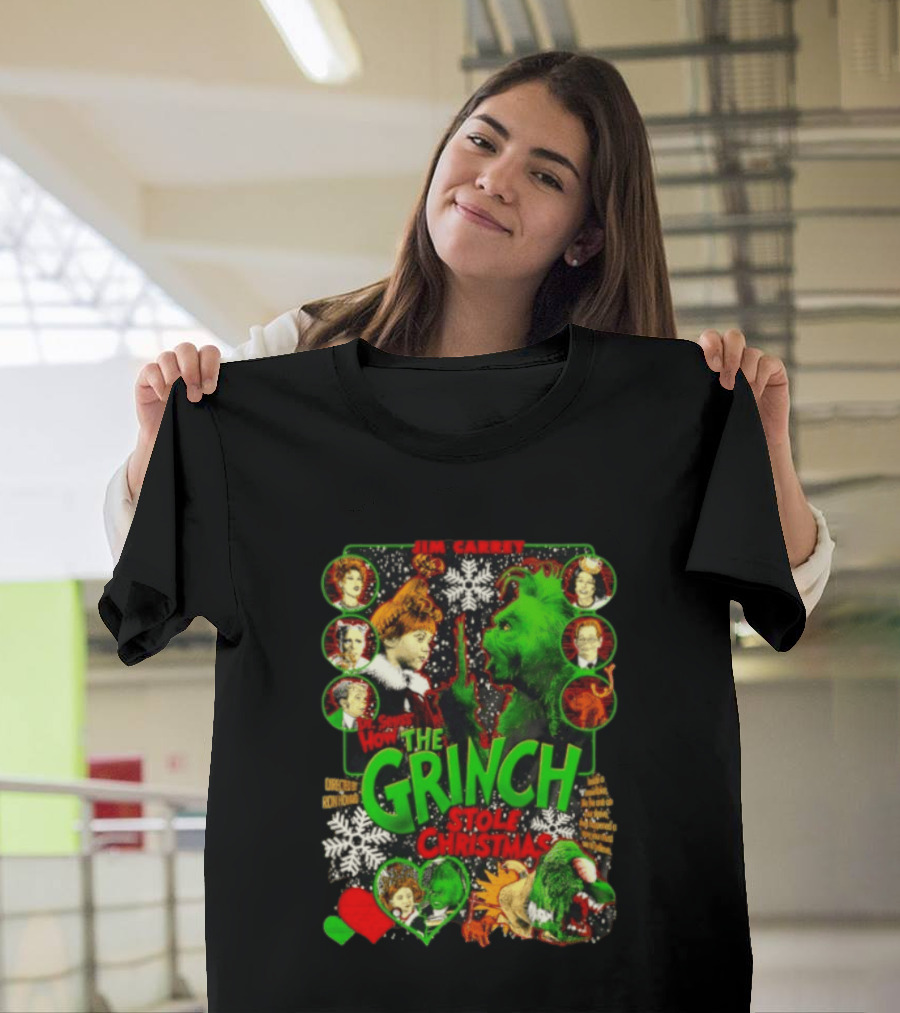 Jim Carrey Dr Seuss How The Grinch Stole Christmas Movie With Characters And Snowflakes T-Shirt