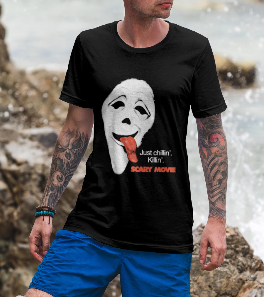 Just Chillin' Killin' Scary Movie Ghostface Mask With Red Tongue T-Shirt