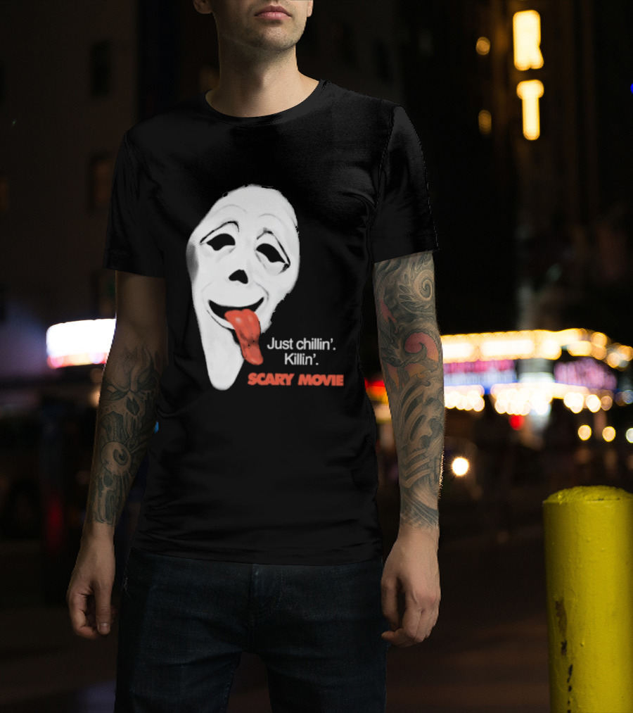 Just Chillin' Killin' Scary Movie Ghostface Mask With Red Tongue T-Shirt