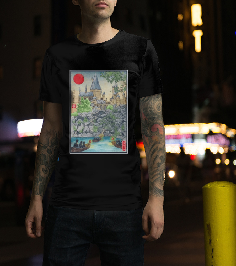 Hogwarts School Of Witchcraft And Wizardry Japanese Ukiyo E Style Castle With Boats And Red Sun T-Shirt