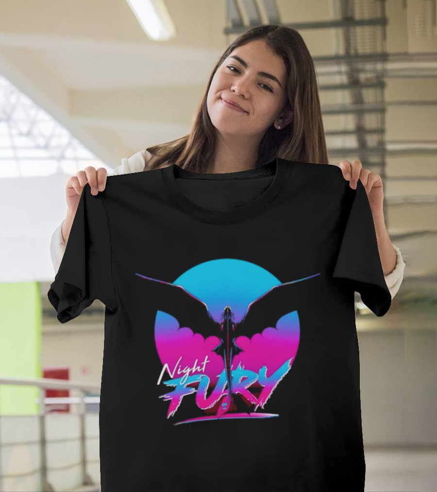 Night Fury Dragon Silhouette Neon Blue And Pink T-Shirt