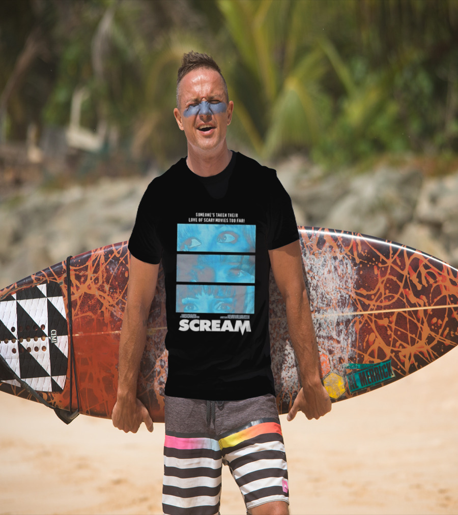 Someone's Taken Their Love Of Scary Movies Too Far Scream Eyes Dramatic Blue Panels T-Shirt