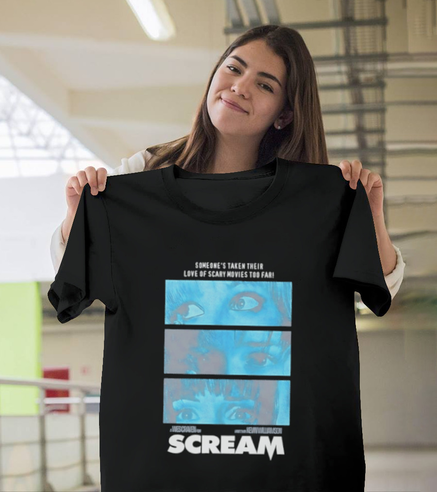 Someone's Taken Their Love Of Scary Movies Too Far Scream Eyes Dramatic Blue Panels T-Shirt