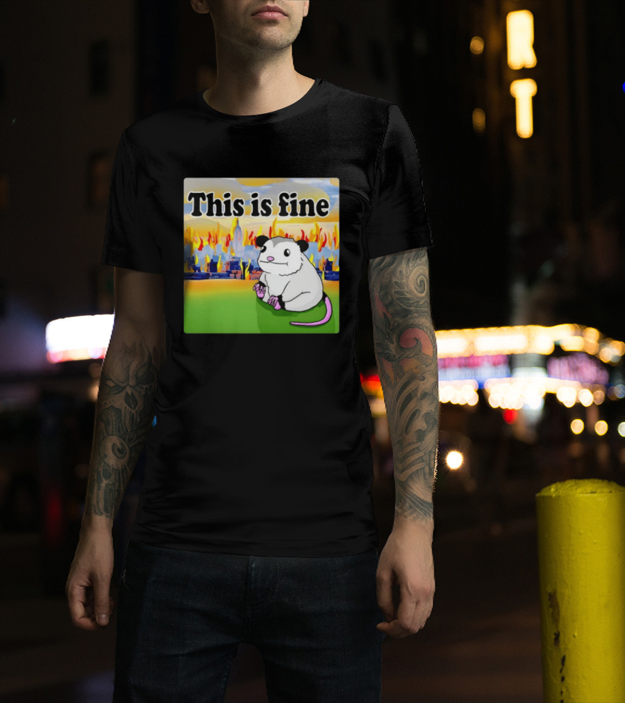 This Is Fine Opossum New York City NYC Urban Skyline Flames T-Shirt