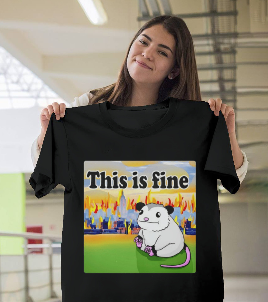 This Is Fine Opossum New York City NYC Urban Skyline Flames T-Shirt
