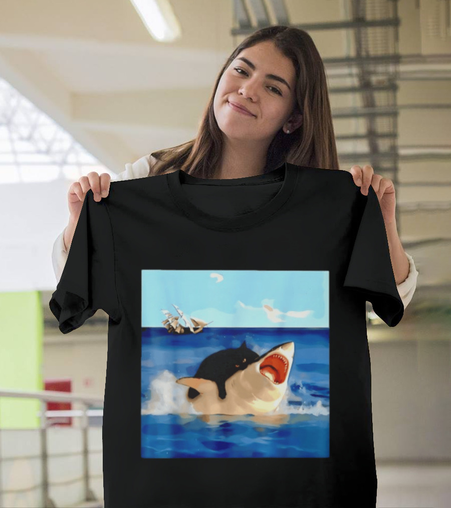 Black Cat Riding Great White Shark With Ocean And Sailing Ship T-Shirt