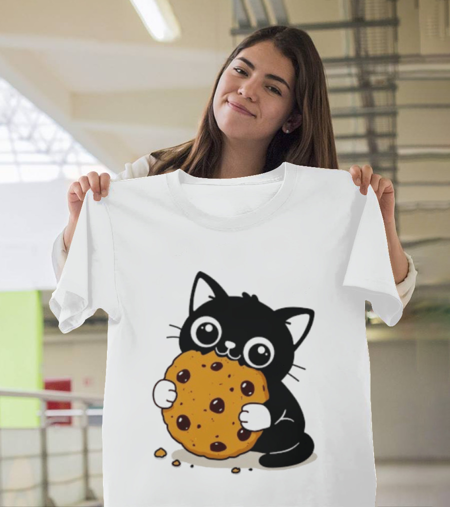 Black Cat Holding Chocolate Chip Cookie T-Shirt