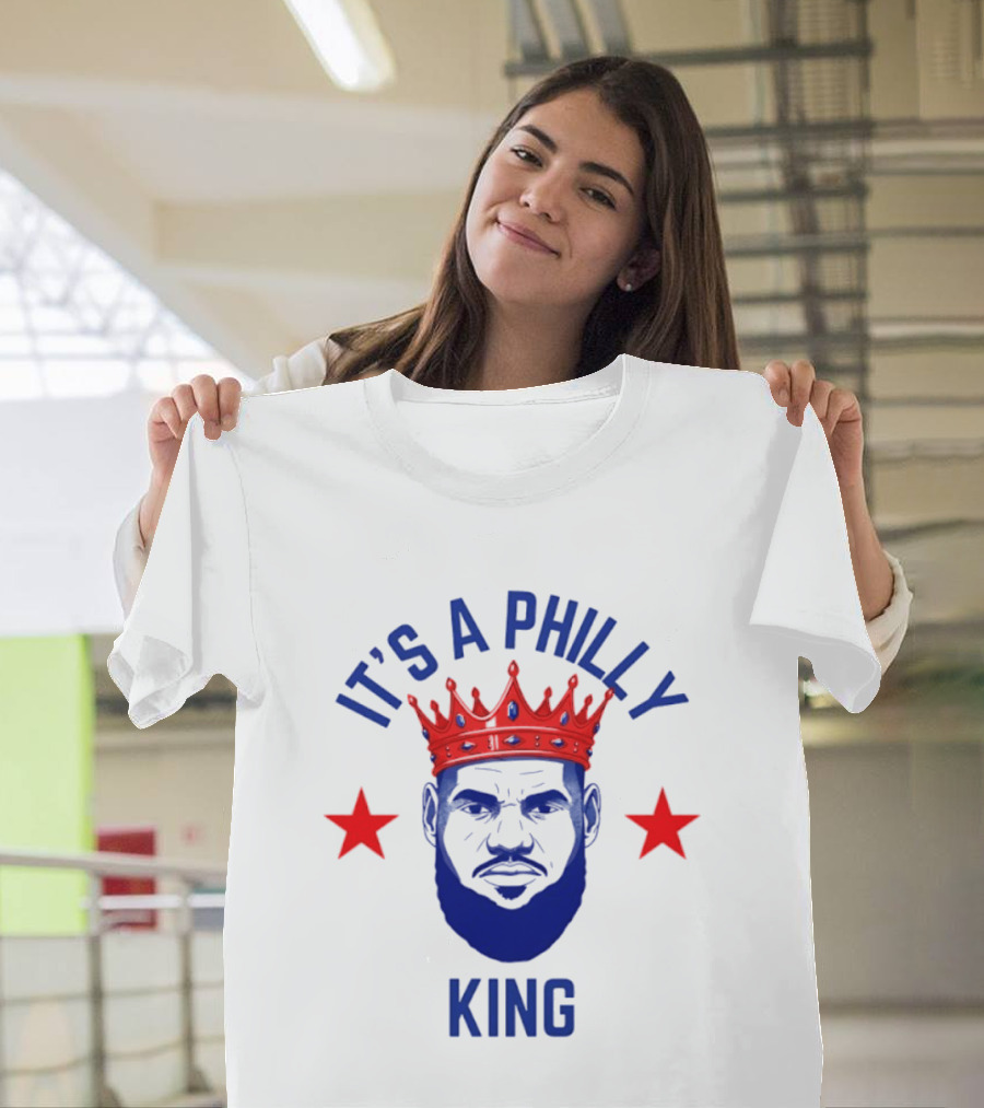 LeBron James It's A Philly King Philadelphia 76ers Red Crown Blue Face Two Stars T-Shirt