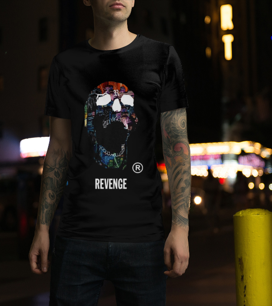 Revenge Neon Skull Cityscape Lights Black T-Shirt