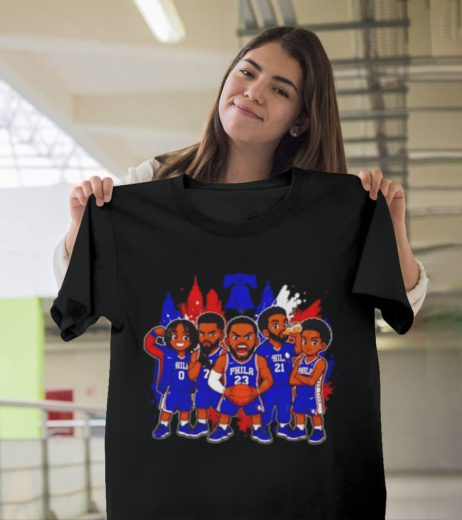 Philadelphia 76ers Cartoon Players With Liberty Bell Skyline T-Shirt