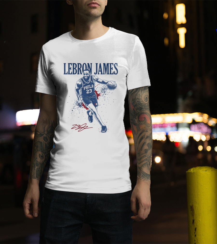 LeBron James 23 Philly Basketball Blue And Red Splash T-Shirt