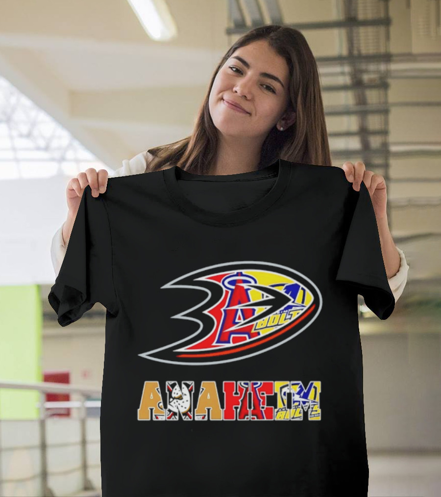 Anaheim Ducks Los Angeles Angels Anaheim Bolts Collage Anaheim Text And Logos T-Shirt