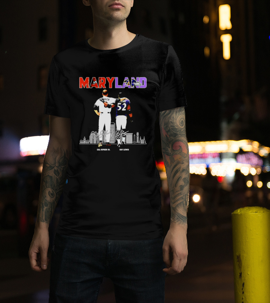 Maryland Cal Ripken Jr 8 Baltimore Orioles Ray Lewis 52 Baltimore Ravens Skyline T-Shirt