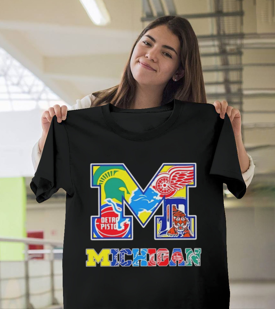 Michigan Detroit Pistons Red Wings Tigers Lions Wolverines Icons M T-Shirt