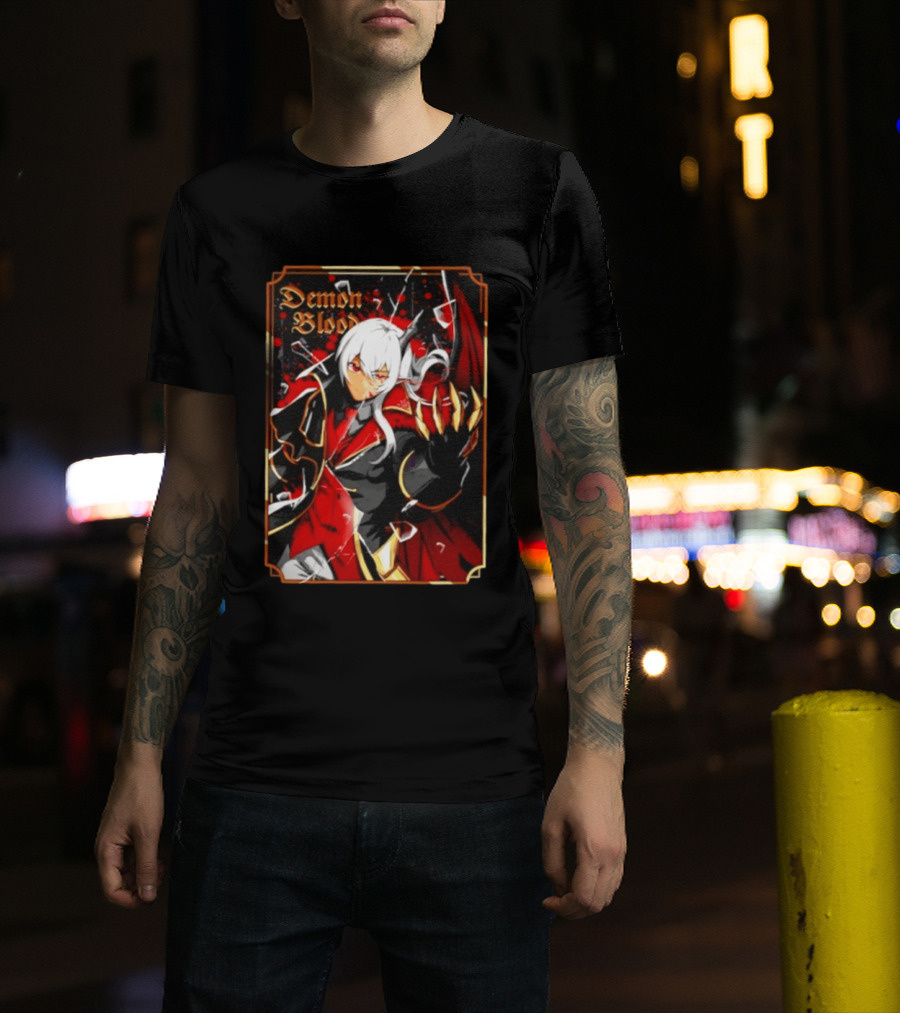 Demon Blood Anime Fantasy Dark Character Design With White Hair And Red Accents T-Shirt
