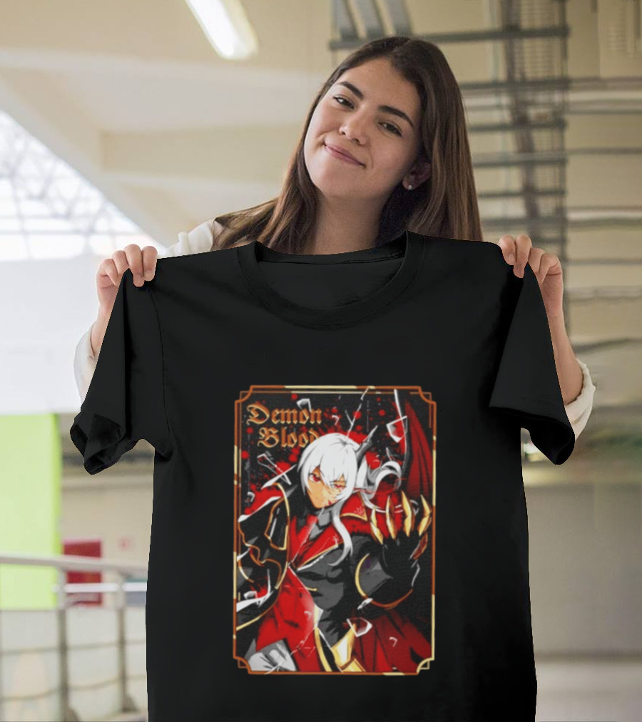Demon Blood Anime Fantasy Dark Character Design With White Hair And Red Accents T-Shirt