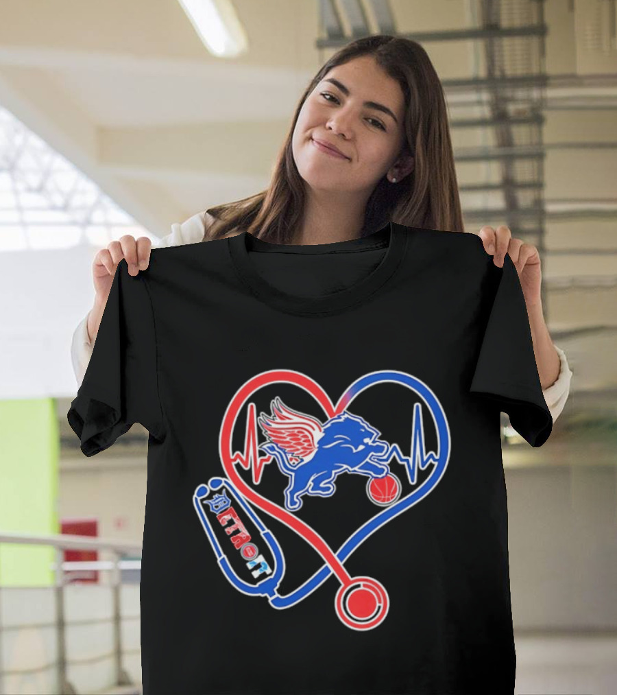 Detroit Heartbeat Stethoscope Lion Playing Basketball T-Shirt
