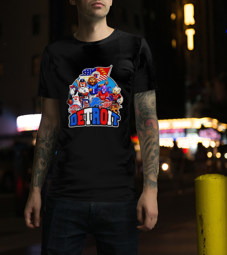 Detroit Lions Tigers Pistons Red Wings Mascots With Flag T-Shirt