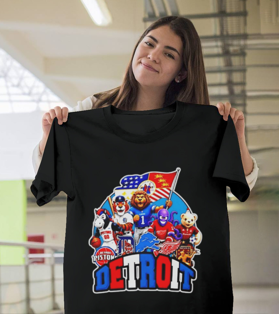 Detroit Lions Tigers Pistons Red Wings Mascots With Flag T-Shirt
