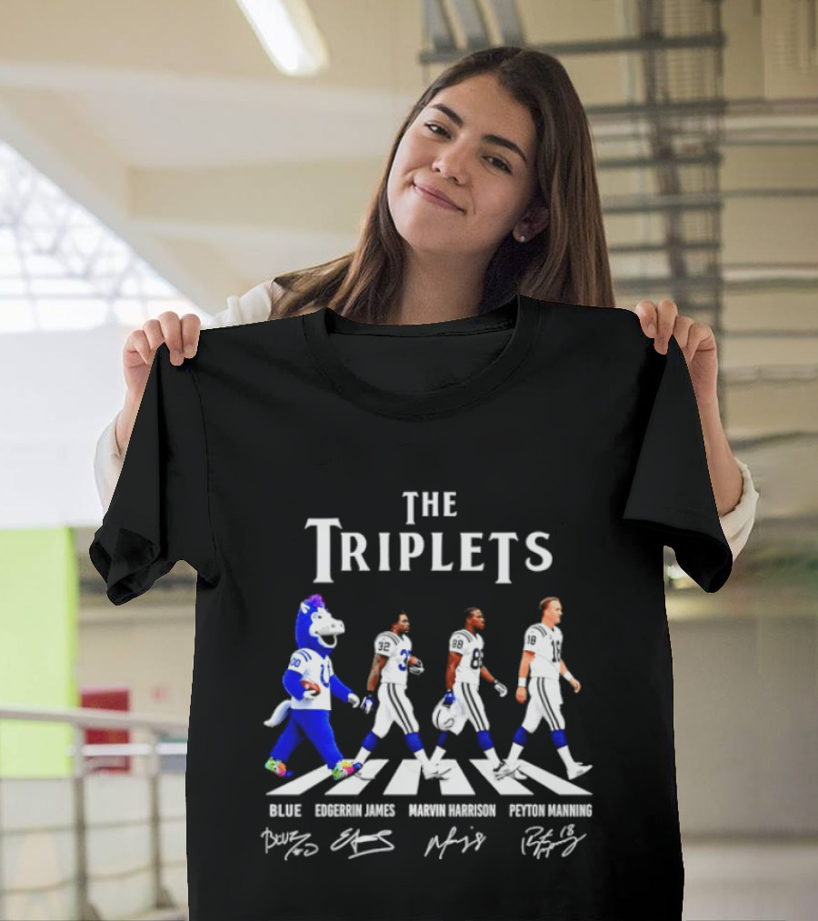 The Triplets Blue Edgerrin James Marvin Harrison Peyton Manning Indianapolis Colts Abbey Road Signatures T-Shirt