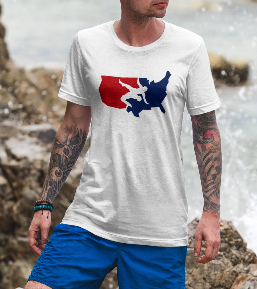 USA Wrestling Map Silhouette Red Blue T-Shirt