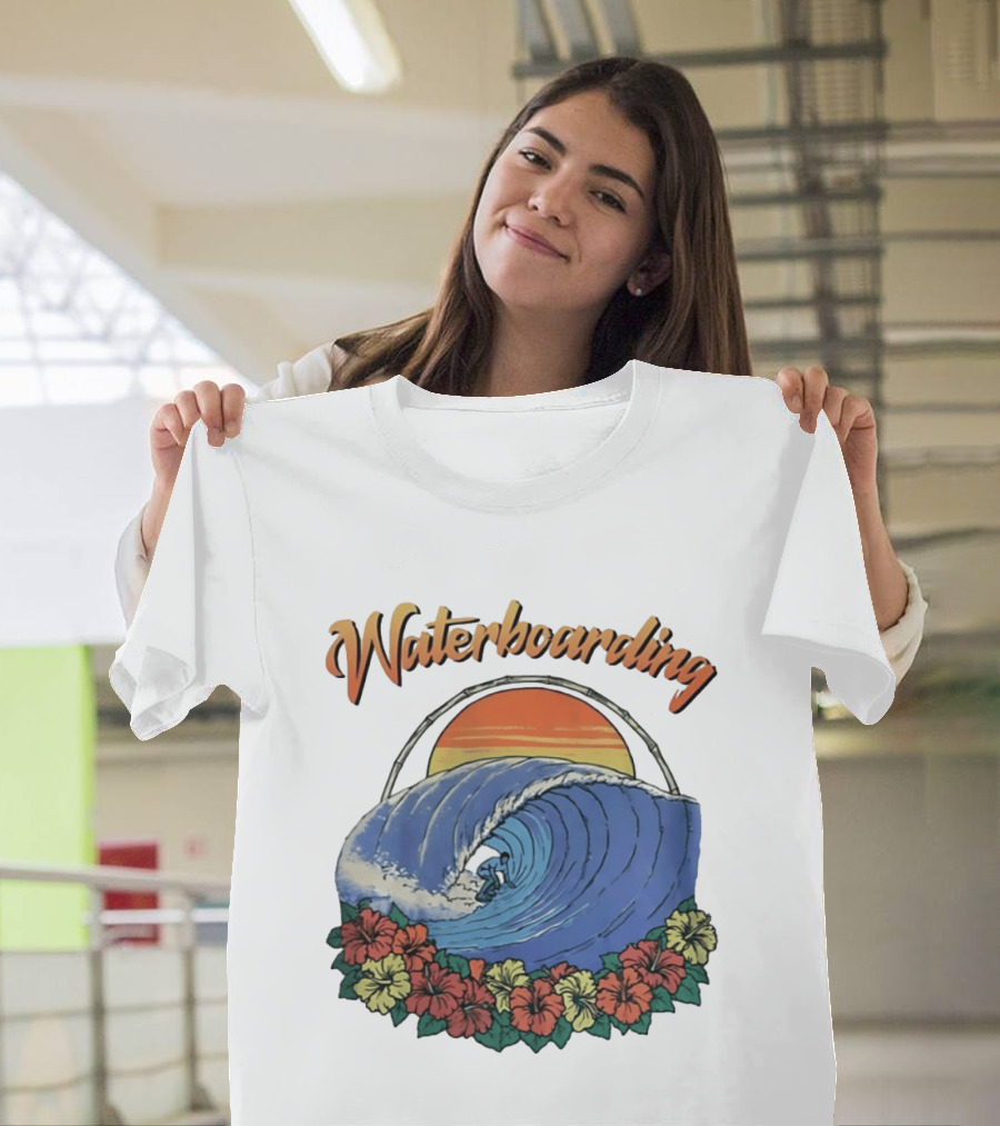 Waterboarding Surfing Tropical Hibiscus Flower Sunset Wave T-Shirt