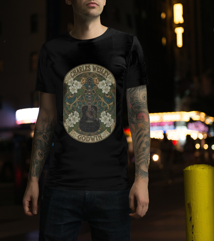 Charles Wesley Godwin Guitar Floral Art Nouveau Style With White Flowers T-Shirt