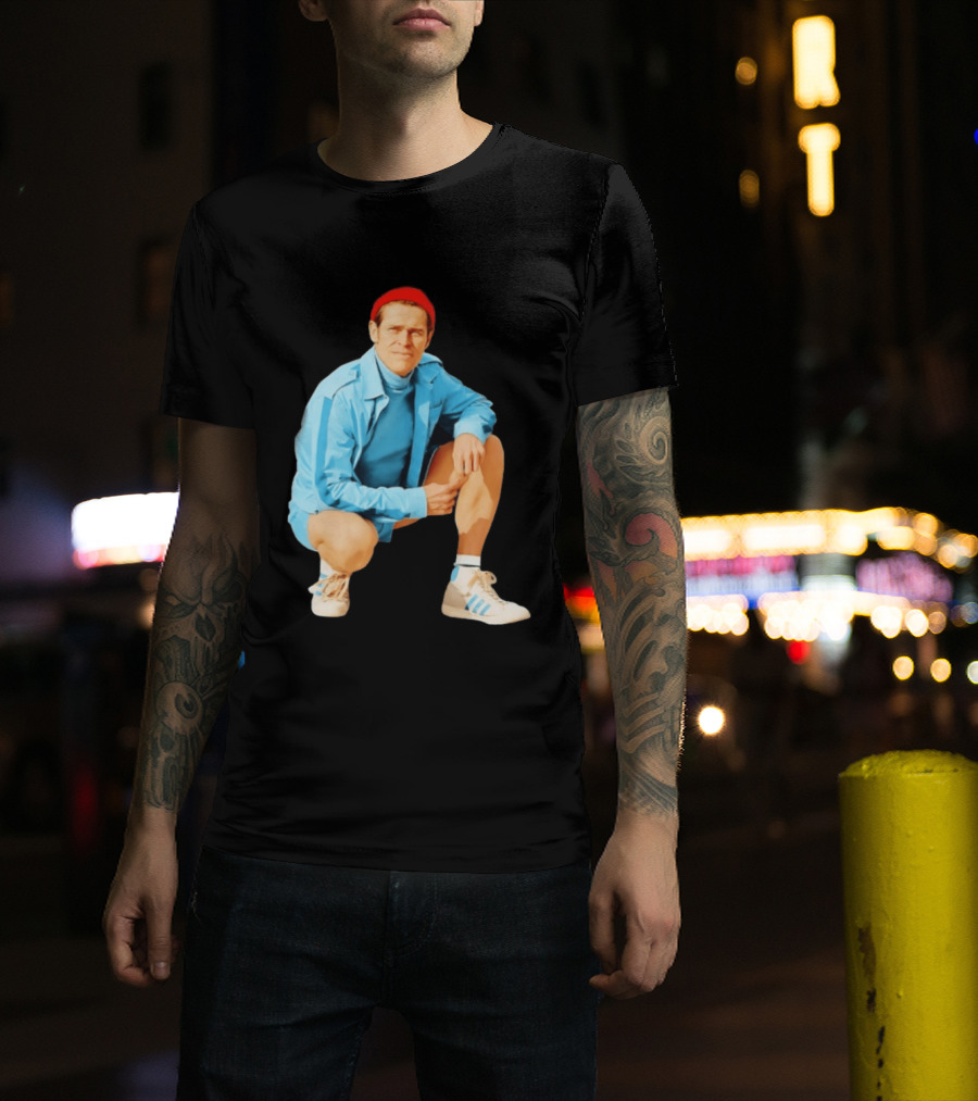 Klaus Willem Dafoe Retro Style With Red Beanie And Blue Tracksuit T-Shirt