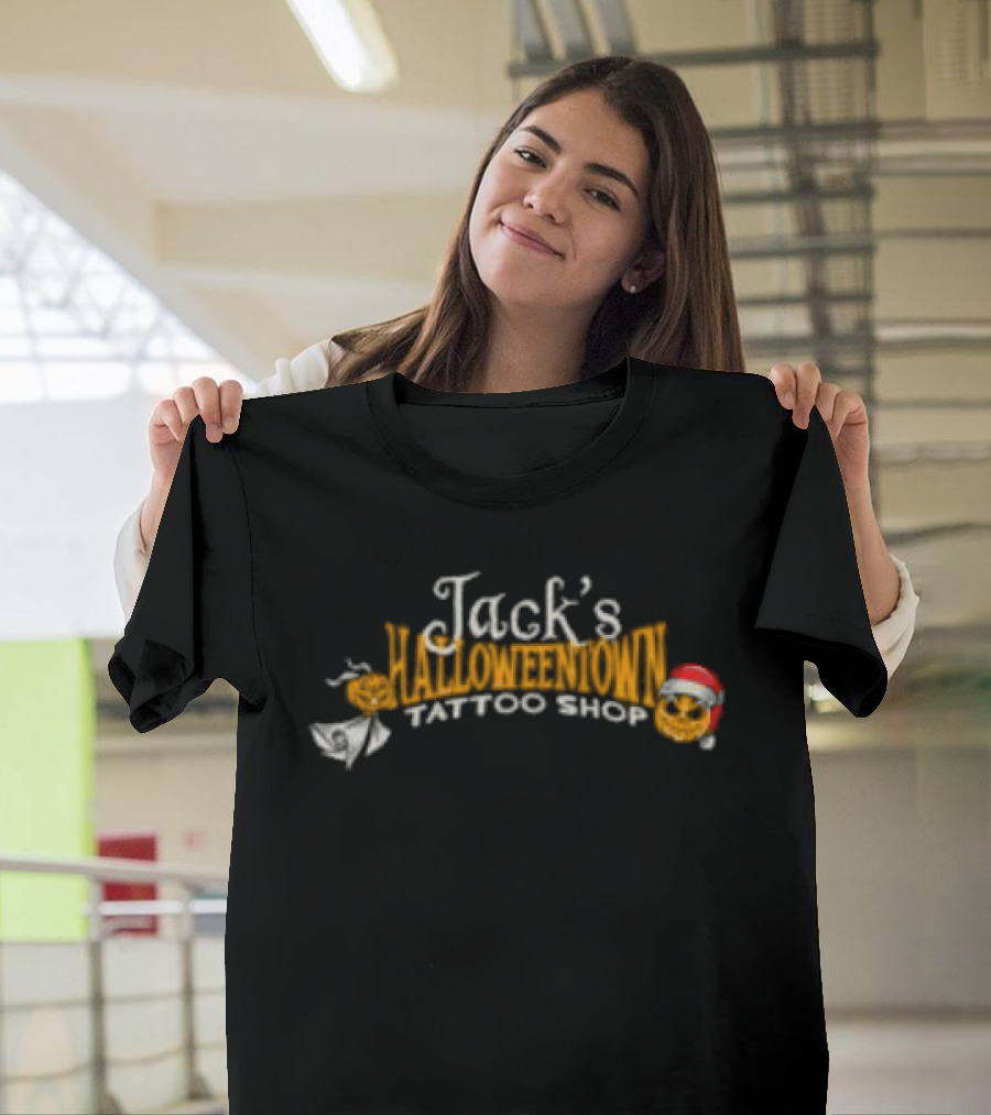 Lostbrostradingco Jack's Halloweentown Tattoo Shop Christmas Santa Hat T-Shirt