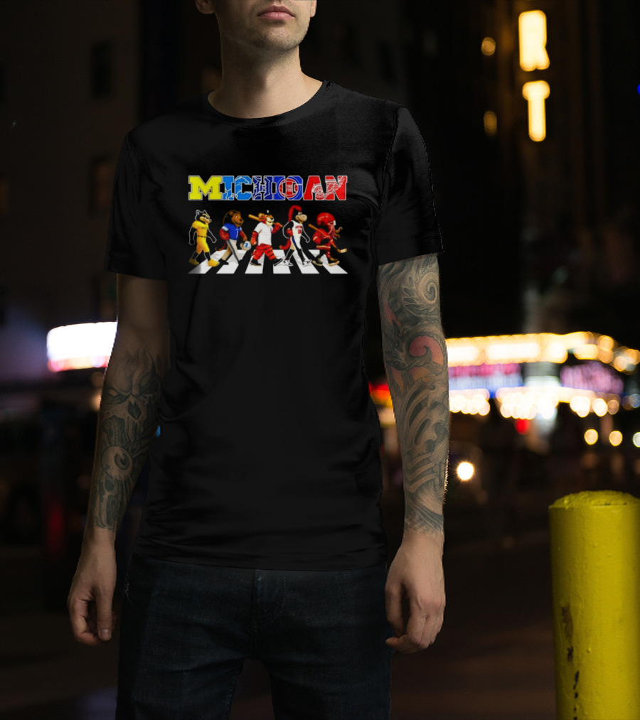 Michigan Sports Mascots Abbey Road Detroit Lions Pistons Tigers Red Wings Wolverine T-Shirt
